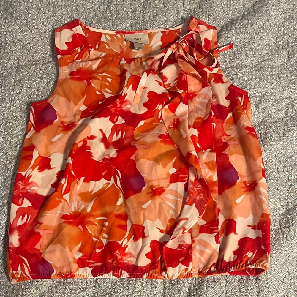 LOFT Red & Orange Floral Tie-Neck Sleeveless Blouse
